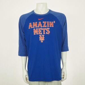 Nike Amazin' New York Mets Tee Shirt Mens XL Blue Raglan 3/4 Sleeve Cotton Blend